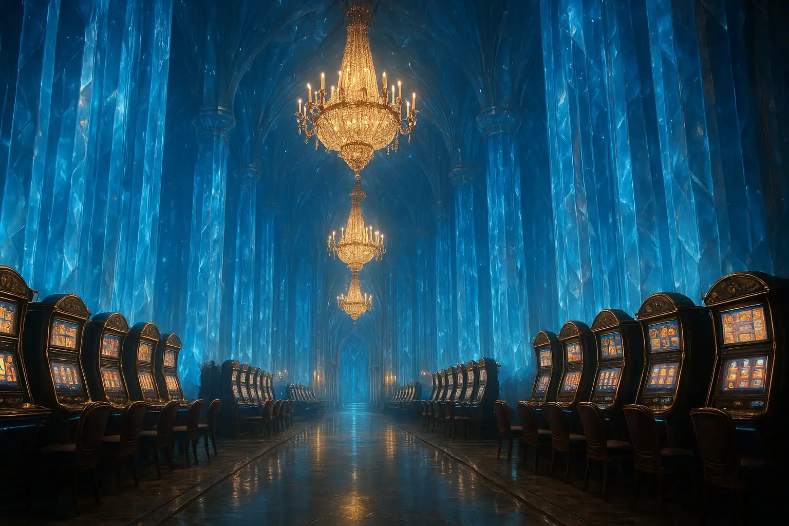 Glowing crystal citadel casino hall with slot machines and chandeliers