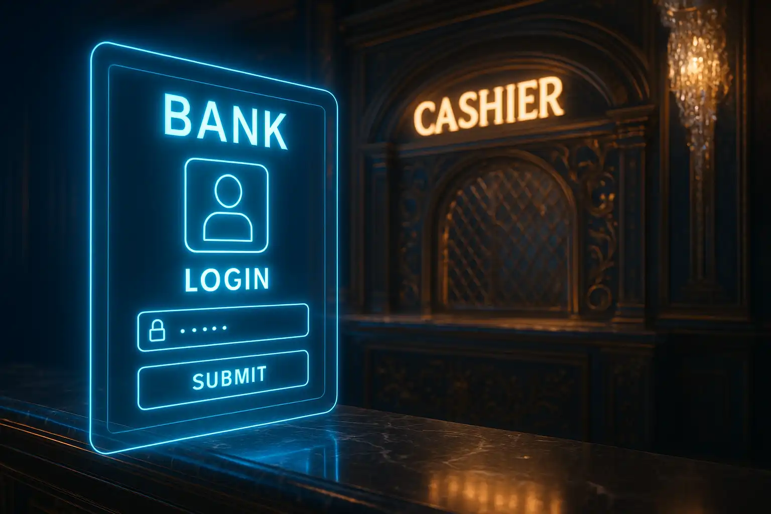 Digital bank login screen glowing beside a crystal casino cashier desk