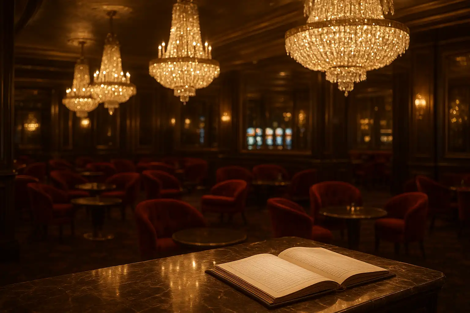 Elegant crystal casino lounge with chandeliers and a review desk