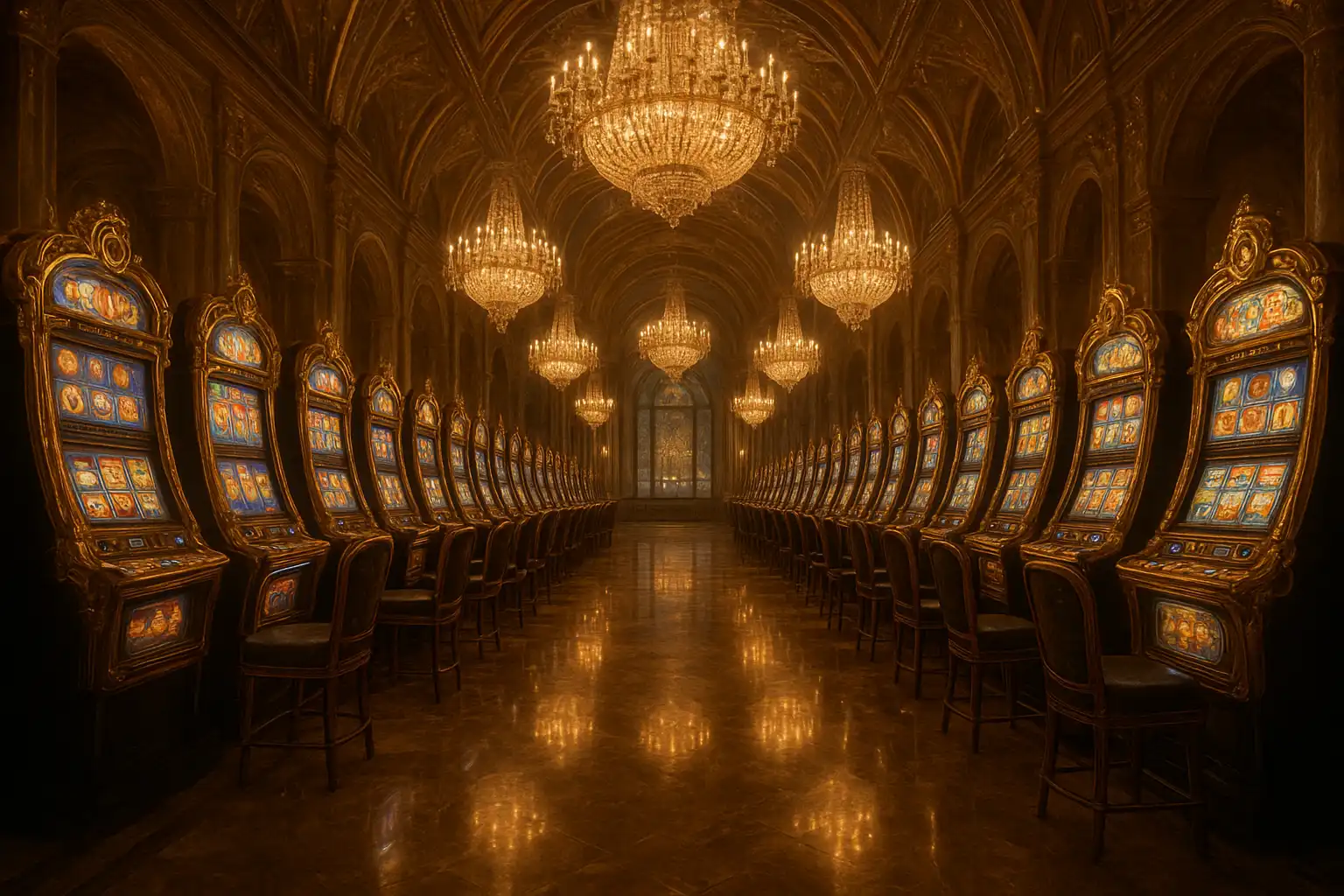 Rows of glowing slot machines on a marble floor inside a crystal casino hall