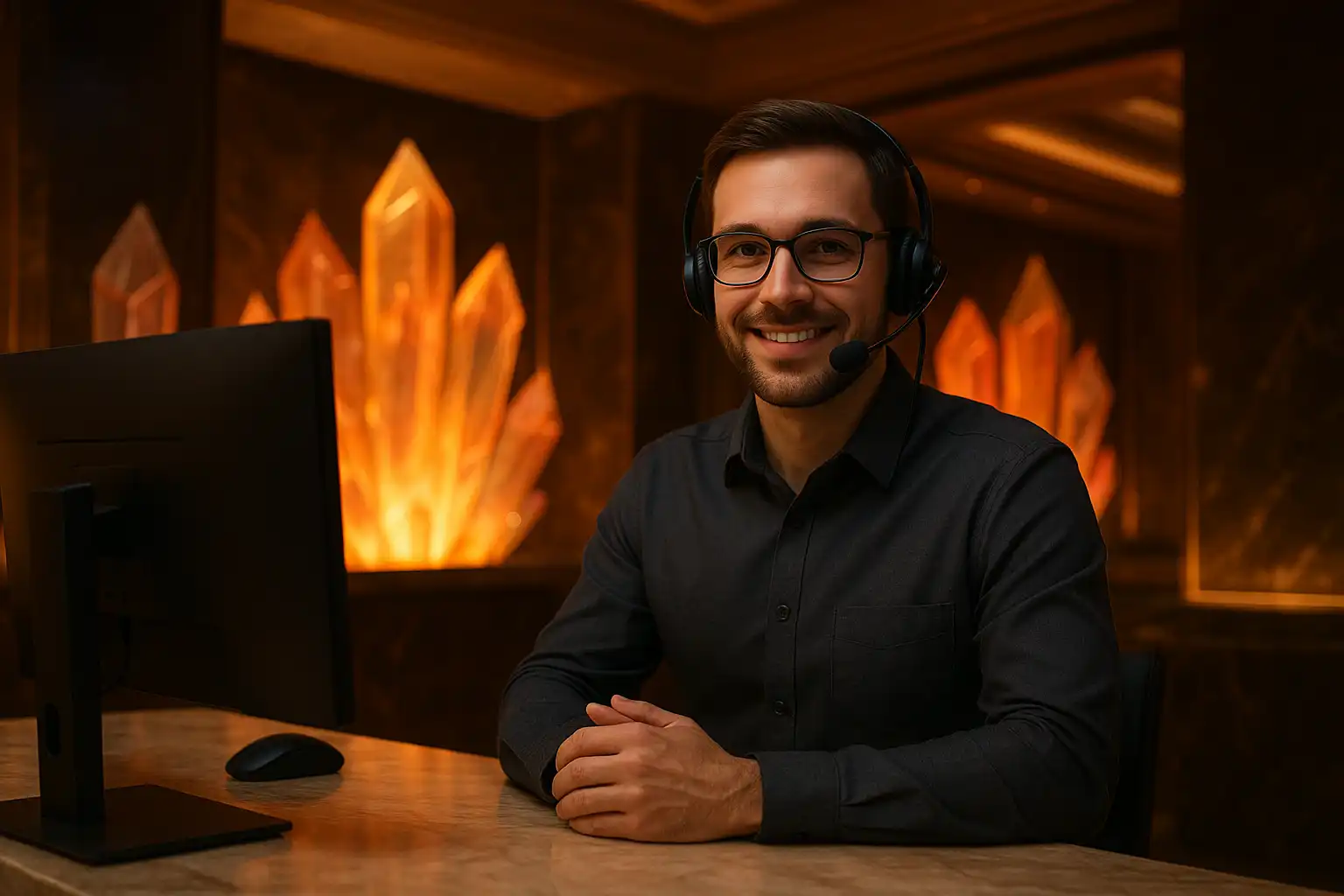 Support agent desk with headset inside a crystal-themed casino office